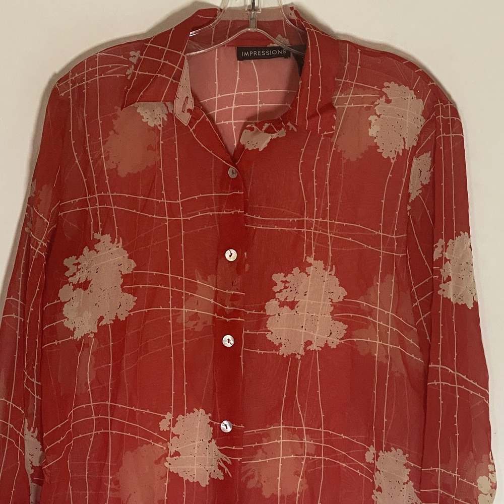 Impressions Top Womens Small Red Multi Abstract Sheer Classy Button Up Dressy S - Picture 2 of 16